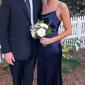 Amsale Chloe cowl neck dress navy satin with slit